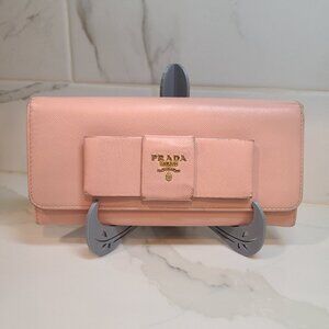 Prada Pink Saffiano Leather bow flap long wallet Restored